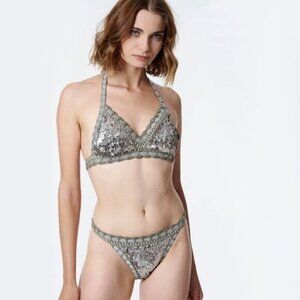 NWT Sugarfree sequin crochet metallic bikini top & bottom set